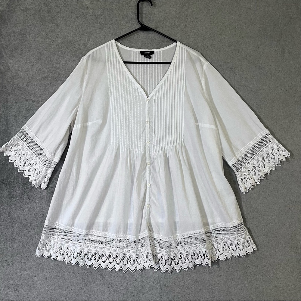 Alfani Romantic Pintuck Button Front Blouse White Lace Crochet Trim Womens 18W